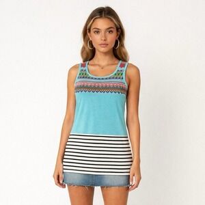 Womens Sun and Moon Embroidered Tank Top Medium Boho Multicolor‎ Rayon Spandex